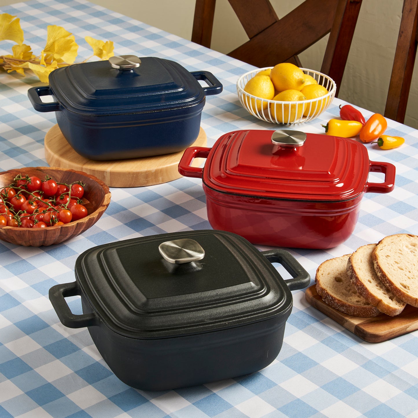 4-Quart Enameled Cast Iron Square Dutch Ovens, Midnight Blue