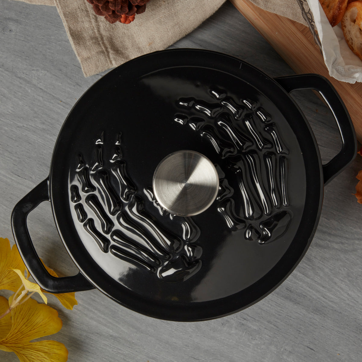 Enameled Cast Iron Skeleton Hands Dutch Oven, Black