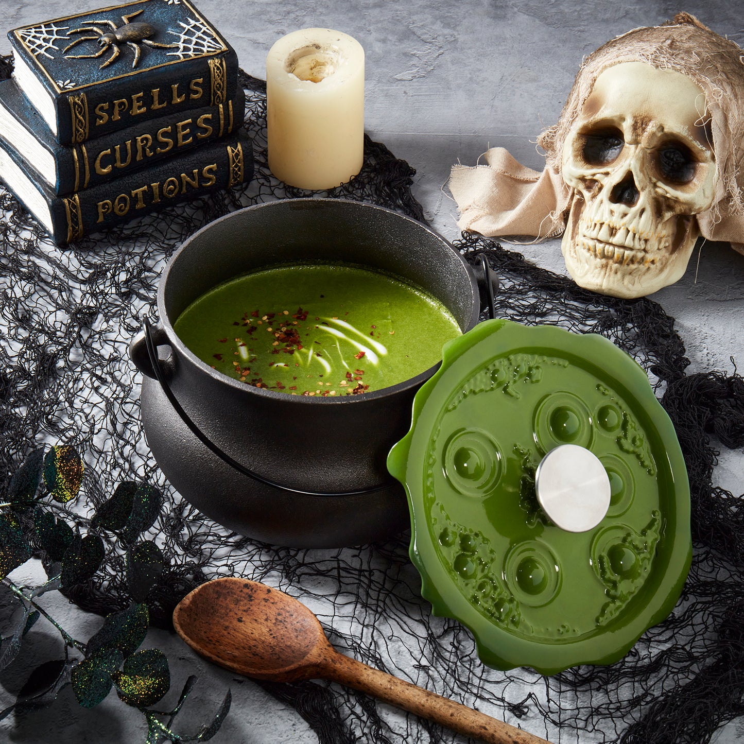 4-Quart Cast Iron Cauldron Pot with Green 'Bubbling' Lid