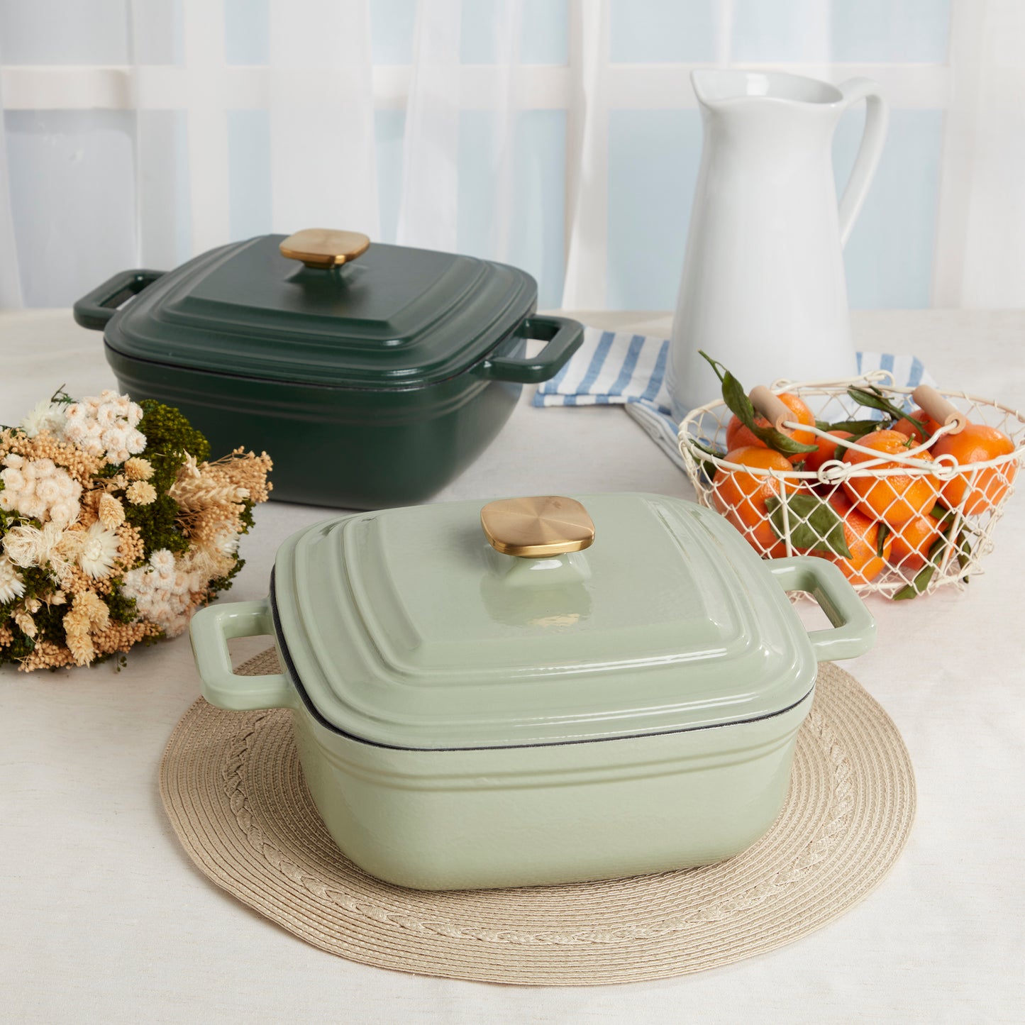 4-Quart Enameled Cast Iron Square Dutch Ovens, Evergreen