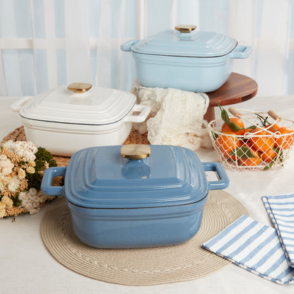 4-Quart Enameled Cast Iron Square Dutch Ovens, Light Blue