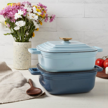4-Quart Enameled Cast Iron Square Dutch Ovens, Light Blue