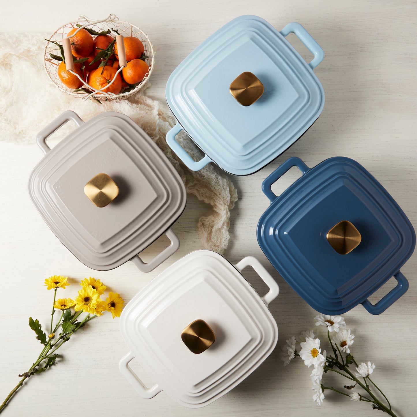 4-Quart Enameled Cast Iron Square Dutch Ovens, Light Blue