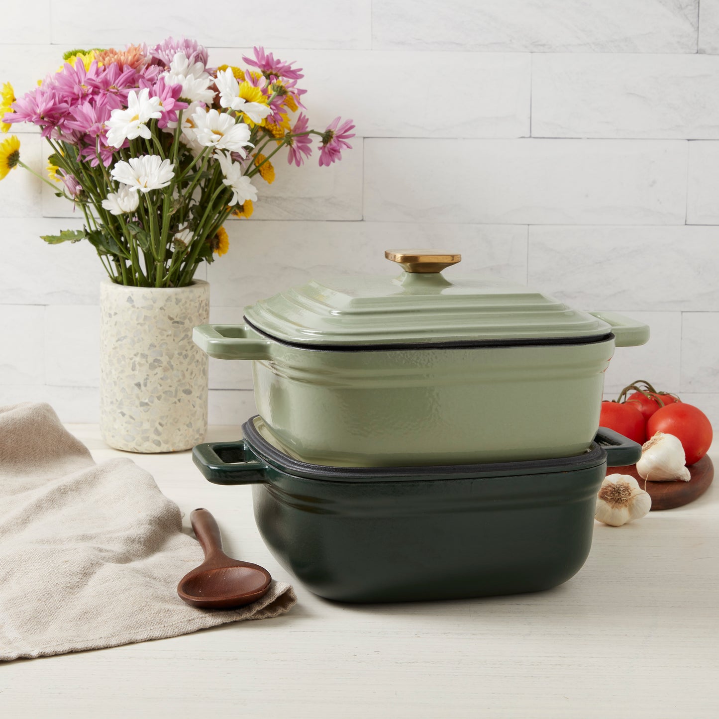 4-Quart Enameled Cast Iron Square Dutch Ovens, Evergreen