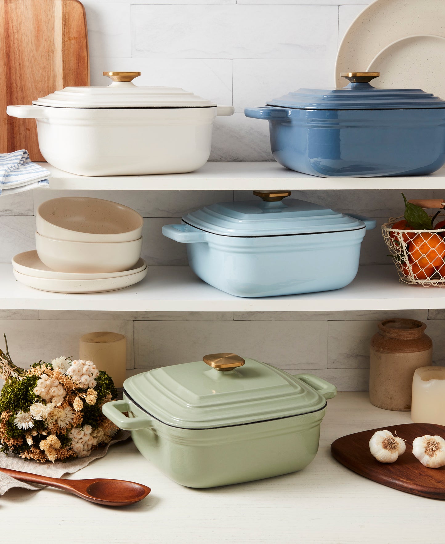 4-Quart Enameled Cast Iron Square Dutch Ovens, Light Blue