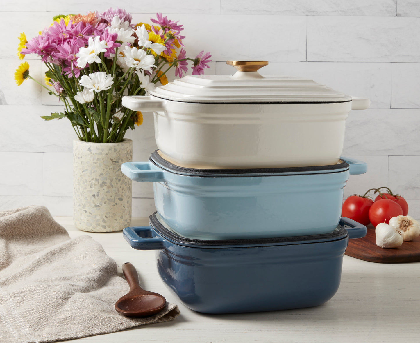 4-Quart Enameled Cast Iron Square Dutch Ovens, Cool Blue
