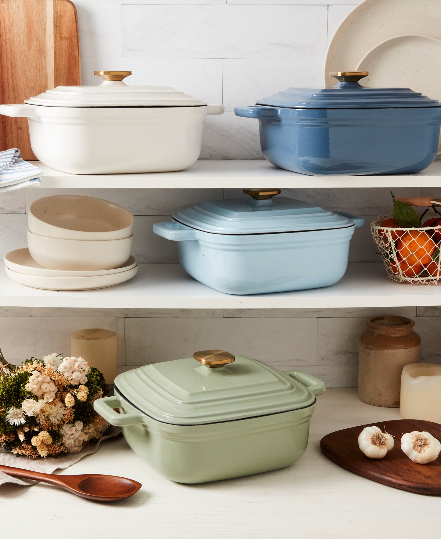 4-Quart Enameled Cast Iron Square Dutch Ovens, Cool Blue