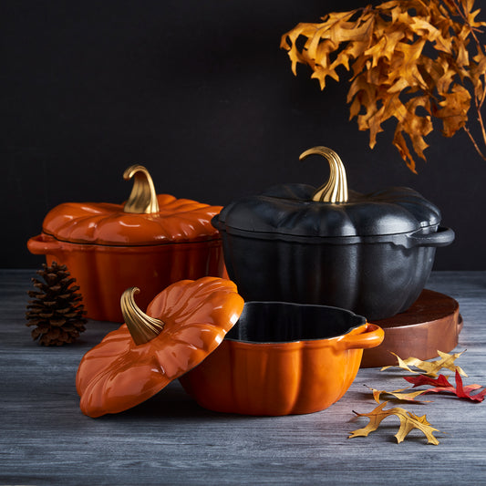 Enameled Cast Iron Pumpkin Dutch Ovens (Black, White & Orange)