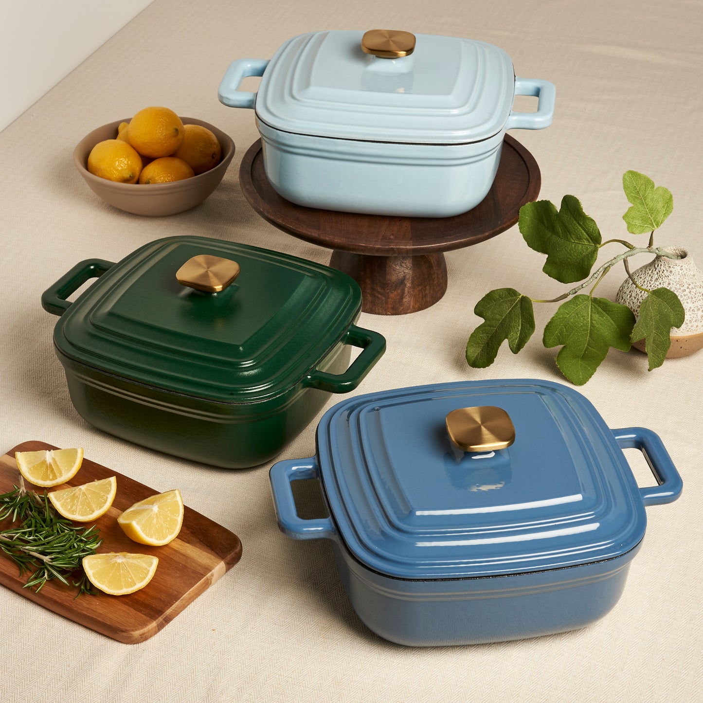 4-Quart Enameled Cast Iron Square Dutch Ovens, Cool Blue