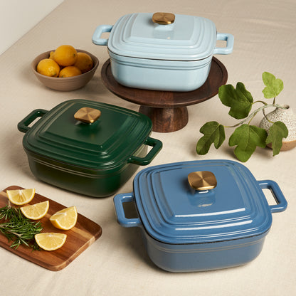 4-Quart Enameled Cast Iron Square Dutch Ovens, Cool Blue