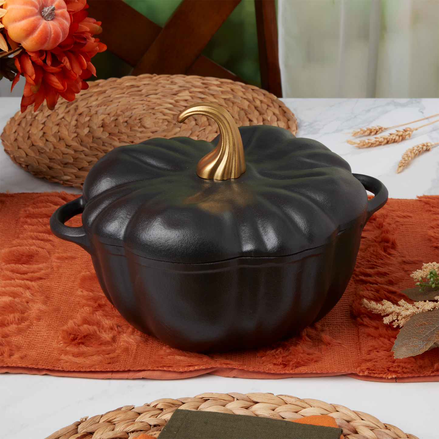 4-Quart Enameled Cast Iron Pumpkin Dutch Ovens, Matte Black