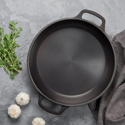 13" Smooth Cast Round Pre-Seasoned Cast Iron Sauteuse Fry Pan with Side Handles