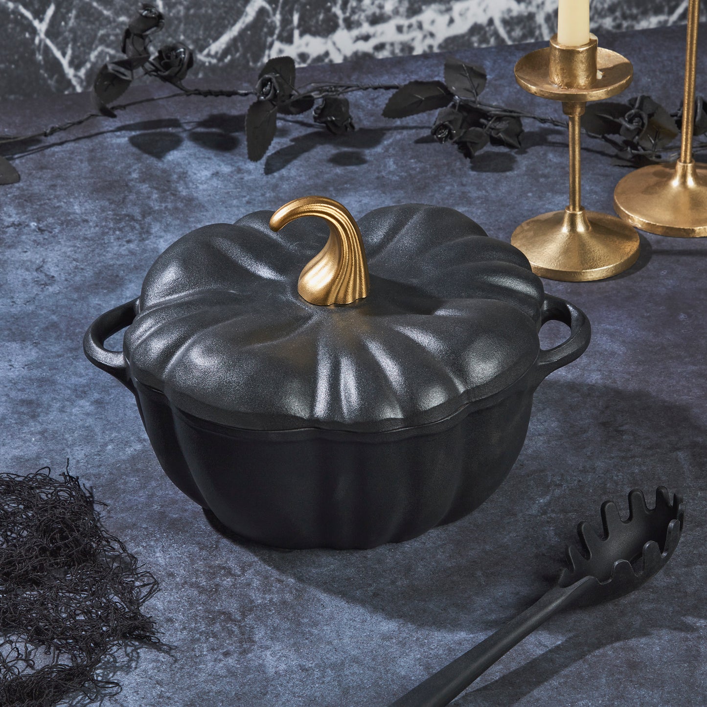 4-Quart Enameled Cast Iron Pumpkin Dutch Ovens, Matte Black