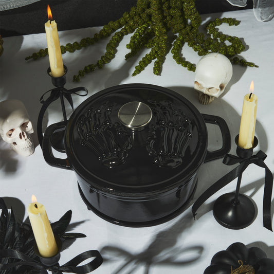 Enameled Cast Iron Skeleton Hands Dutch Oven, Black