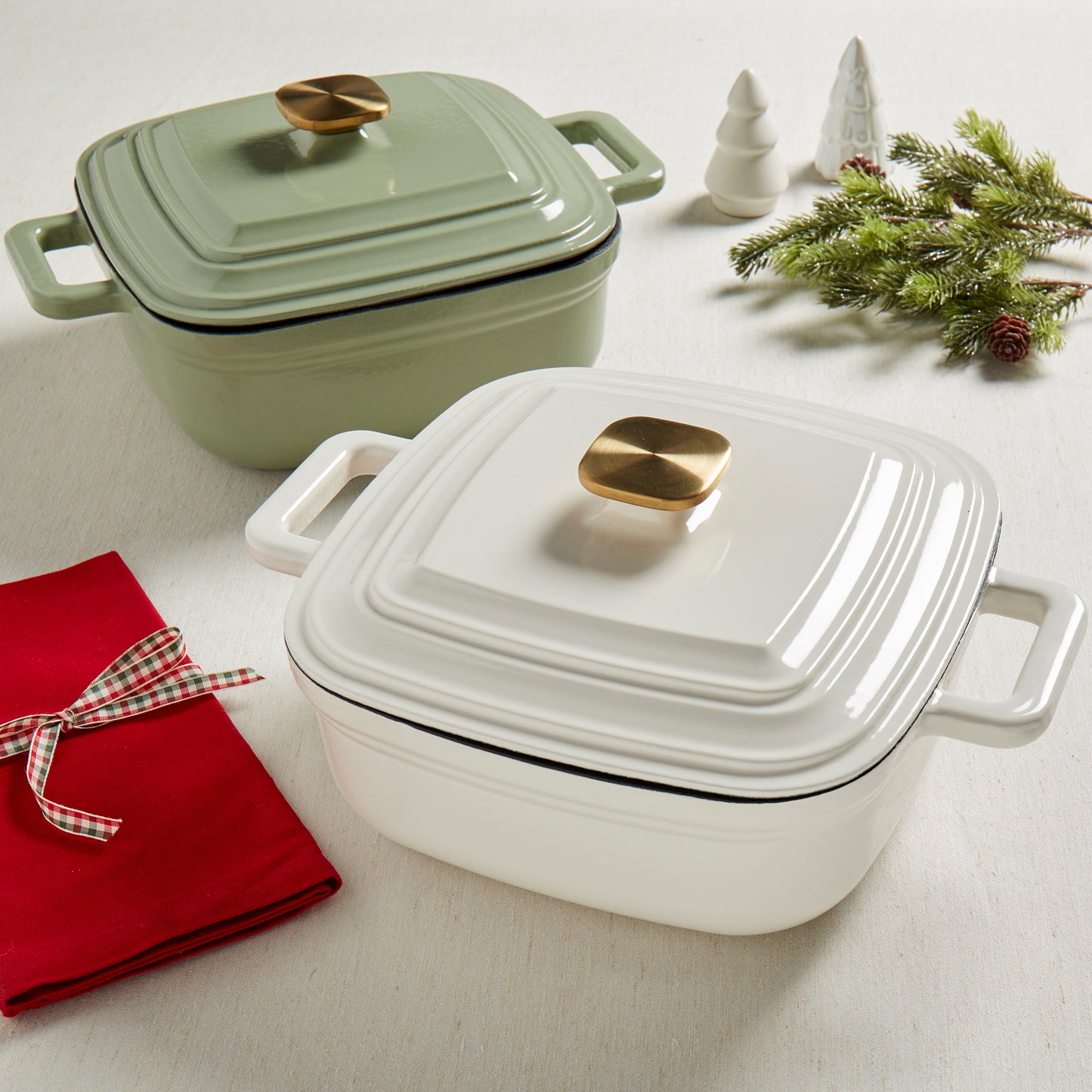 4-Quart Enameled Cast Iron Square Dutch Ovens, Matcha Green
