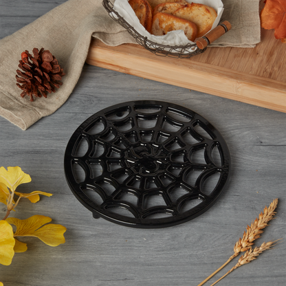 8" Enameled Cast Iron Spiderweb Trivet, Black