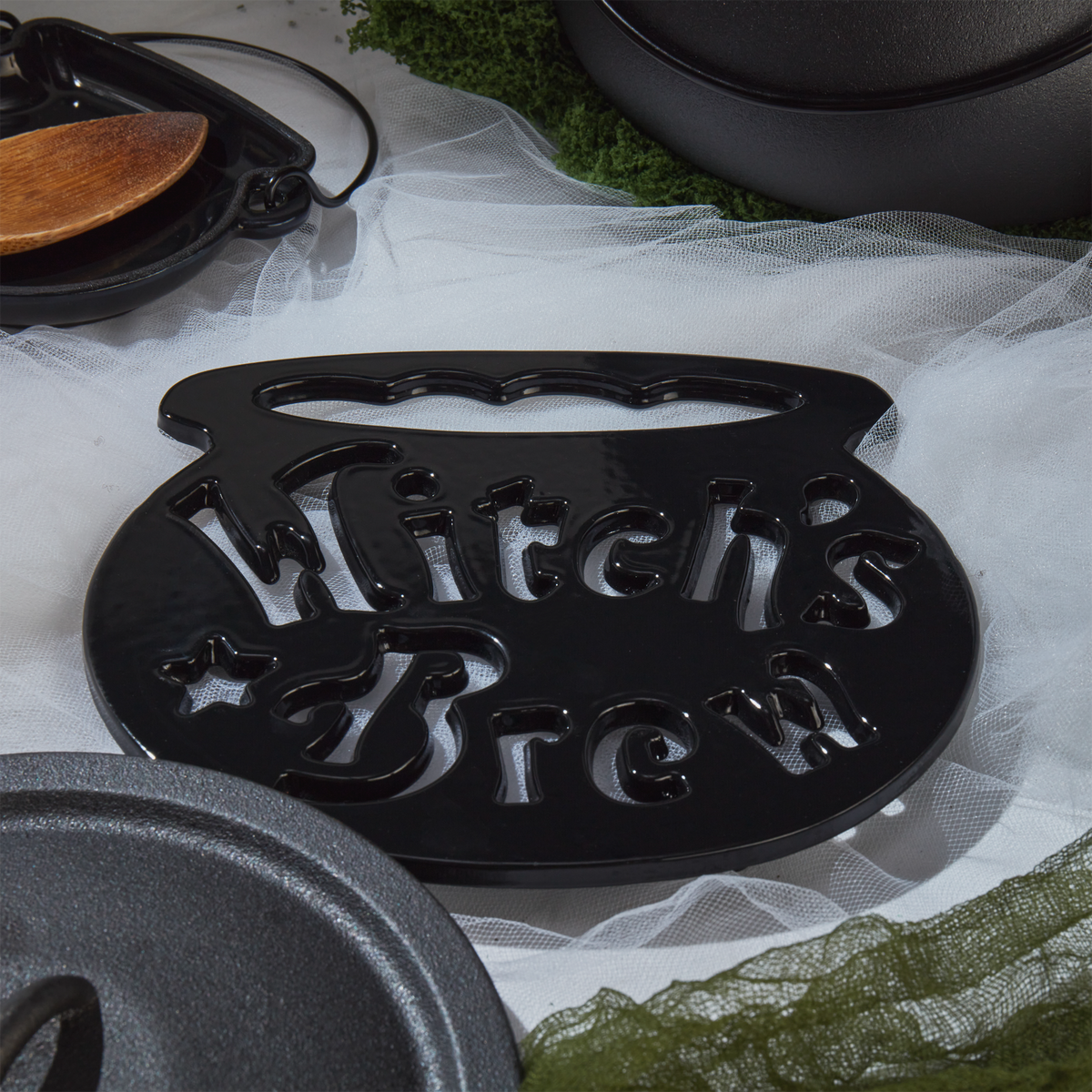 8" Enameled Cast Iron Cauldron Trivet, Black