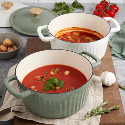 3-Quart Fluted Enameled Cast Iron Dutch Oven, White/Sage