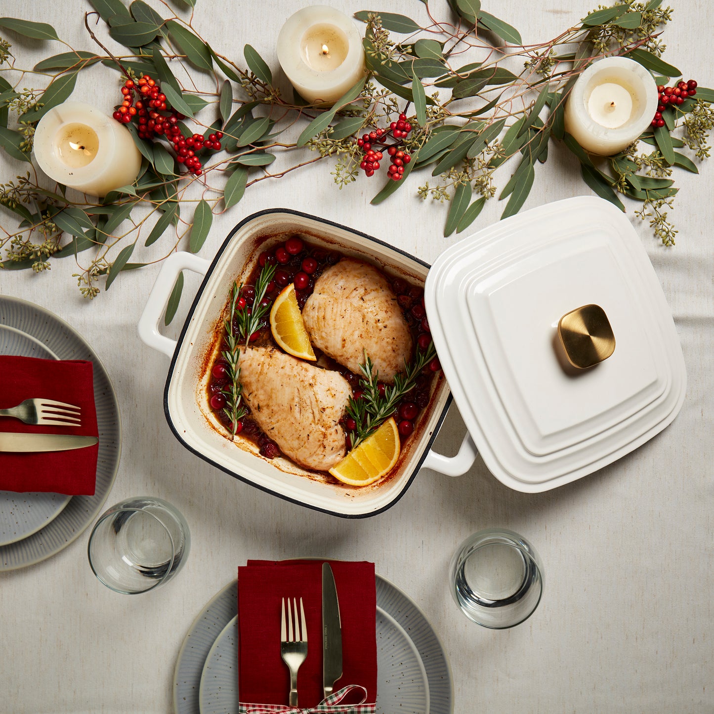 4-Quart Enameled Cast Iron Square Dutch Ovens, White