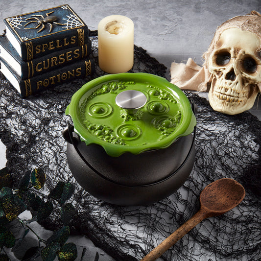 4-Quart Cast Iron Cauldron Pot with Green 'Bubbling' Lid