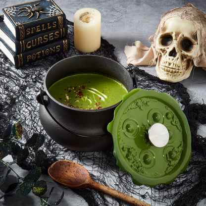4-Quart Cast Iron Cauldron Pot with Green 'Bubbling' Lid