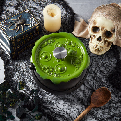 4-Quart Cast Iron Cauldron Pot with Green 'Bubbling' Lid