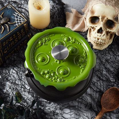 4-Quart Cast Iron Cauldron Pot with Green 'Bubbling' Lid