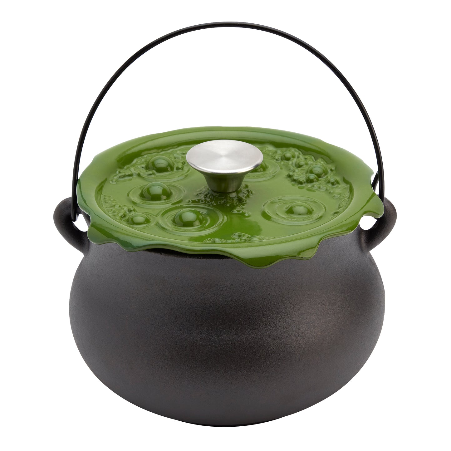 4-Quart Cast Iron Cauldron Pot with Green 'Bubbling' Lid