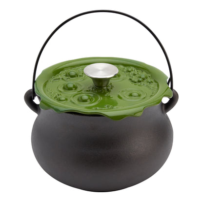 4-Quart Cast Iron Cauldron Pot with Green 'Bubbling' Lid