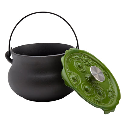 4-Quart Cast Iron Cauldron Pot with Green 'Bubbling' Lid