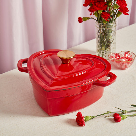 3-Quart Enameled Cast Iron Heart-Shaped Dutch Oven, Red